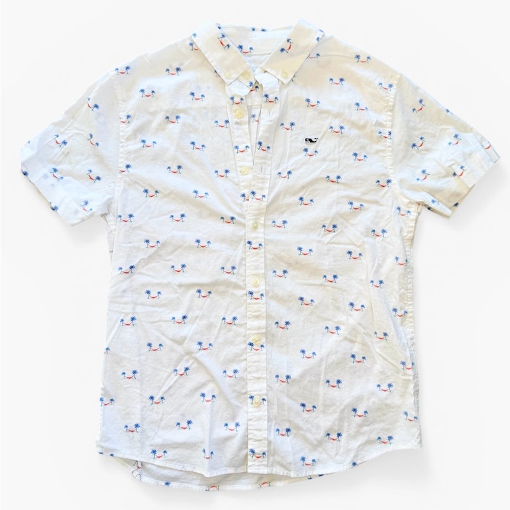 Vineyard Vines Palm Tree Hammock Print Short Sleeve Boys Button-Up Shirt Size M